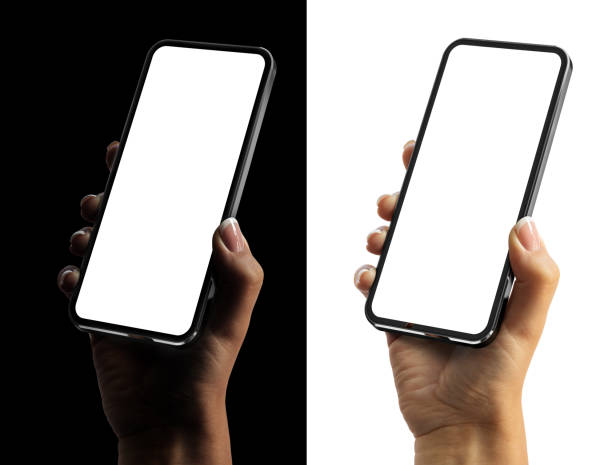 istock Woman hand holding the black smartphone with blank screen 1280476094
