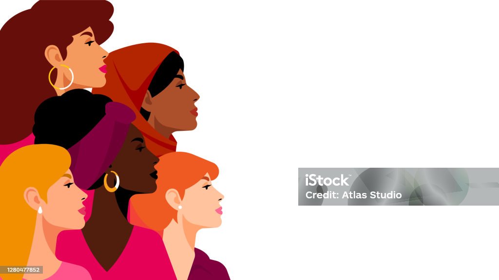 Multi-ethnic women. A group of beautiful women with different beauty, hair and skin color. The concept of women, femininity, diversity, independence and equality. Vector illustration. Women stock vector