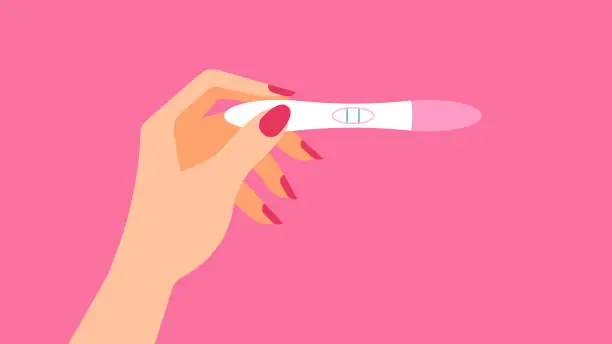 Vector illustration of Pregnancy test. Female hand is holding a positive pregnancy test. Isolated on pink background. Motherhood, pregnancy, birth control concept. Modern illustration.