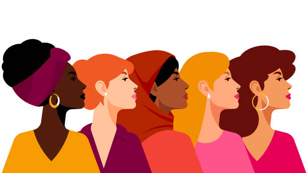 kobiety wieloetniczne. grupa pięknych kobiet o różnej urodzie, włosach i kolorze skóry. pojęcie kobiet, kobiecość, różnorodność, niezależność i równość. ilustracja wektorowa. - czarny kolor ilustracje stock illustrations