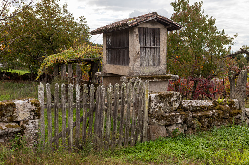 Horreo to store corn and wooden door in an abandoned place in the town of Trasalba Ourense Galicia Spain