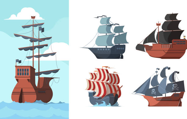 해적선. 해양 오래된 수송 바다 손상 나무 보트 갤리온 벡터 사진 - galleon stock illustrations
