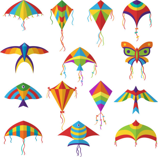 Air kite. Colored different shapes kite in sky festival toys for kids vector collection Air kite. Colored different shapes kite in sky festival toys for kids vector collection. Kite toy in sky, festival flying game, air hobby illustration sky kite stock illustrations