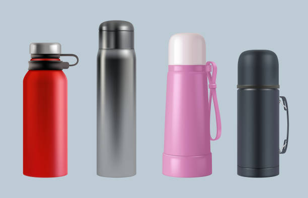 istock Thermos realistic. Steel vacuum flask coffee mug round containers for water and liquids vector templates 1280480010