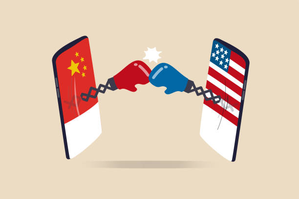 United States and China technology war, 2 countries compete to be leader of tech company, cold war sanctions and tariff concept, digital mobile phone with US and China flag fighting with boxing gloves United States and China technology war, 2 countries compete to be leader of tech company, cold war sanctions and tariff concept, digital mobile phone with US and China flag fighting with boxing gloves us recession stock illustrations