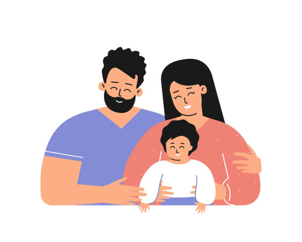Vector isolated concept with flat cartoon characters. Happy latin family with young adult parents smiles. Handsome mother hugs her cute little child, bearded daddy cuddles them all. White background Vector isolated concept with flat cartoon characters. Happy latin family with young adult parents smiles. Handsome mother hugs her cute little child, bearded daddy cuddles them all. White background. hispanic family stock illustrations