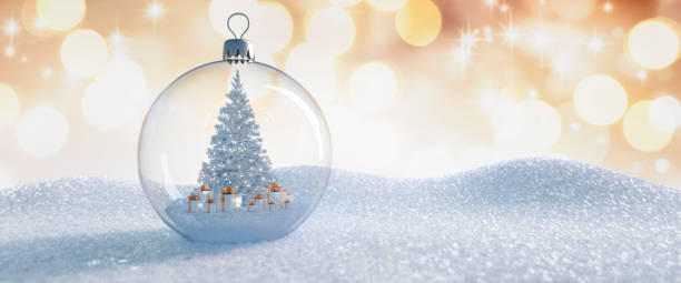 Christmas Tree inside Glass Christmas Ball Glass Christmas Ball with white Tree and Gift Boxes inside in front of a golden sparkling Background - 3D illustration snow globe photos stock pictures, royalty-free photos & images