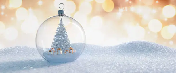 Glass Christmas Ball with white Tree and Gift Boxes inside in front of a golden sparkling Background - 3D illustration