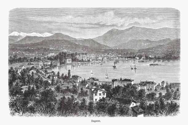 исторический вид лугано, швейцария, гравюра на дереве, опубликованная в 1893 году - ticino canton illustrations stock illustrations