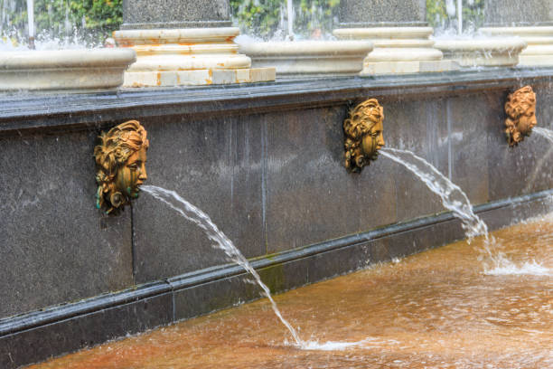 fragment de la cascade de lion de fontaine dans le parc inférieur de peterhof à saint-pétersbourg, russie - macro column marble luxury photos et images de collection