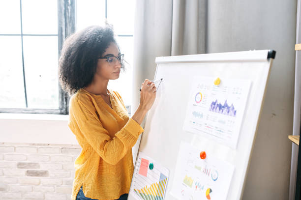 istock Smart black woman with whiteboard indoors 1280484857
