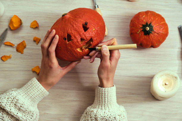 istock Top view of Halloween decorations, items making pumpkin craft 1280484918