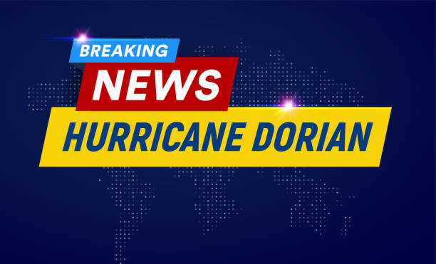 Dorian Hurricane cyclone on USA map, typhoon spiral storm over Florida, spin vortex on black background, breaking news TV flat vector illustration. Dorian Hurricane cyclone on USA map, typhoon spiral storm over Florida, spin vortex on black background, breaking news TV flat vector illustration typhoon satellite stock illustrations