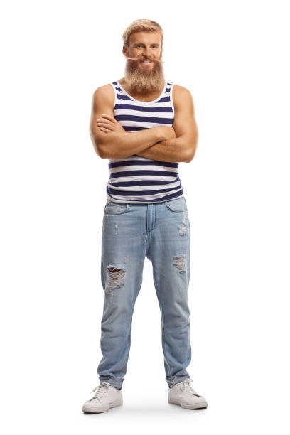 istock Cheerful blond guy with moustaches wearing a striped vest top 1280487555