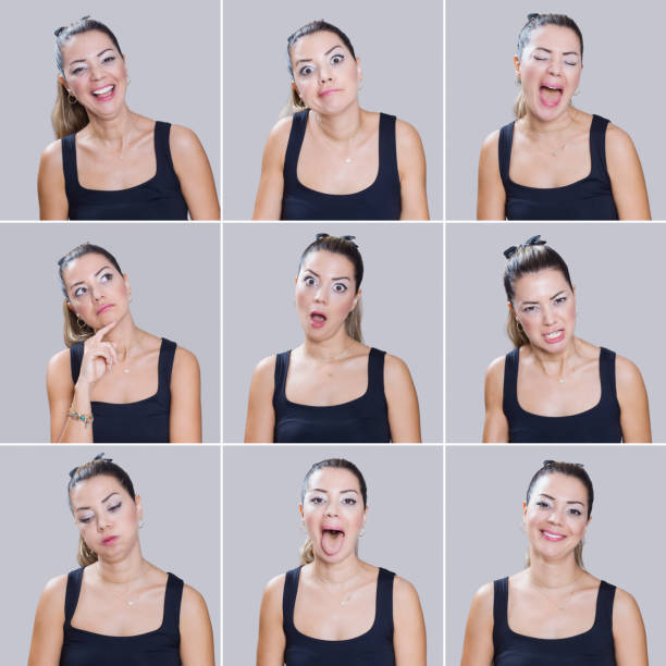 istock Woman making nine different facial expressions 1280487701