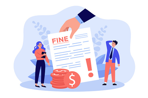 Sad tiny people getting punishment notice flat vector illustration. Man and woman paying traffic bill, municipal tax or parking fee as penalty from police. Financial mulct and economy concept
