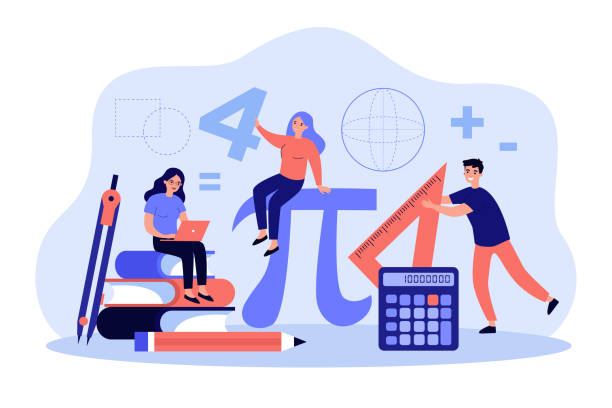 Tiny students learning math in college Tiny students learning math in college isolated flat vector illustration. Cartoon geometry figures, algebra formulas and symbols. Guy with ruler, ladies studying. Education and school concept mathematics illustrations stock illustrations