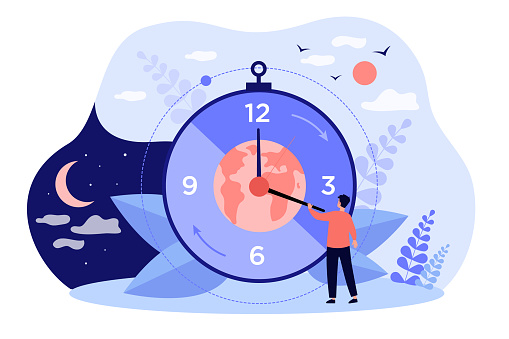 Twenty-four-hour cycle isolated flat vector illustration. Cartoon tiny characters near clock with day and night changing rhythm. Planet movement around sun. Circadian system and time balance concept