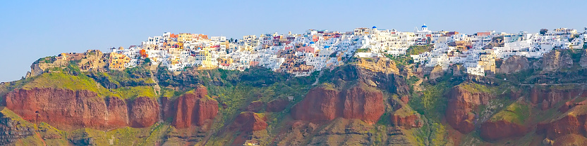 Panorama of Oia village on Santorini island, Greece, view from the sea