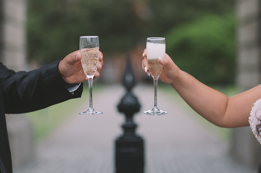 bride and groom's hands making a toast, holding glasses with prosecco on green background outdoors