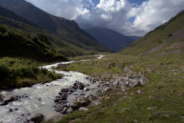 istock Green alpine valley and river stream on a sunny summer day. 1280493425