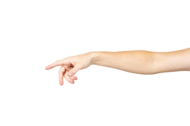 istock Male hand reaches for something on a light isolated background. Reach out 1280493696