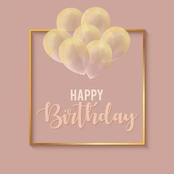 Vector illustration of Happy Birthday Celebration Card Template with Gold Frame and Gold Colored Glittering Hand Drawn Balloons.