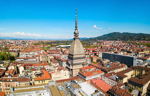 The Mole Antonelliana aerial panoramic view, a major landmark building in Turin city, Piedmont region of Italy