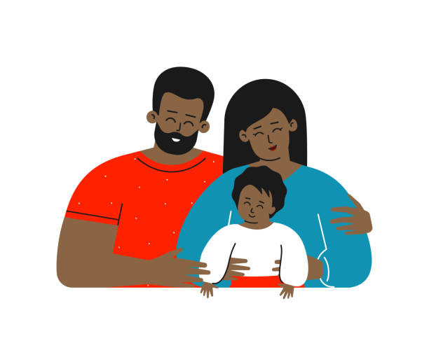 vektor flache isolierte illustration mit zeichentrickfiguren. afroamerikanische familie mit eltern lächeln. glückliche mutter kuschelt ihr kleines kind, stattliche vater umarmt sie - love women little boys affectionate stock-grafiken, -clipart, -cartoons und -symbole