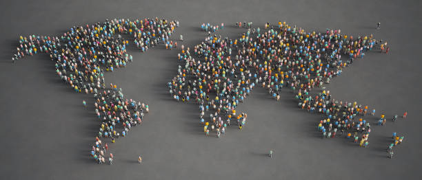 low poly people formed world map - global stock-fotos und bilder