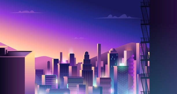 istock Futuristic urban landscape. Cyberpunk town with neon light and colored reflection digital city buildings vector 1280498336