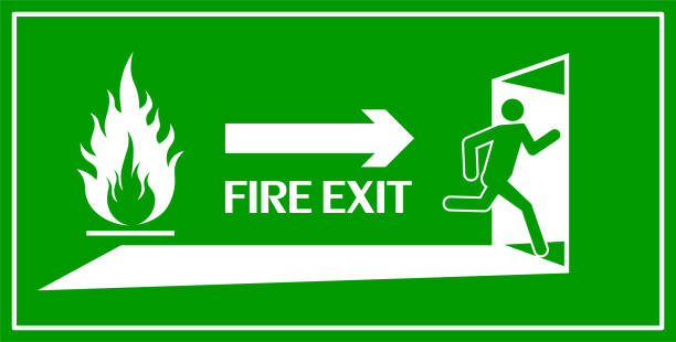 illustrazioni stock, clip art, cartoni animati e icone di tendenza di segnale di uscita antincendio. illustrazione vettoriale - direction arrow sign road sign escape