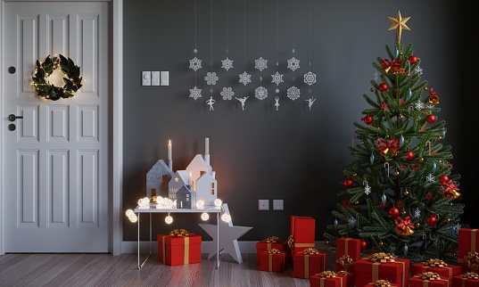 Interior scene with christmas tree, presents and christmas decors, night scene. ( 3d render)
