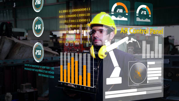 istock Factory worker use future holographic screen device to control manufacturing 1280502505