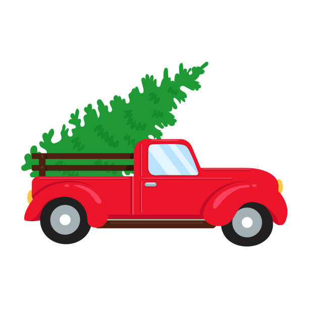 istock Christmas car. Red pickup truck carrying a Christmas tree. 1280502566