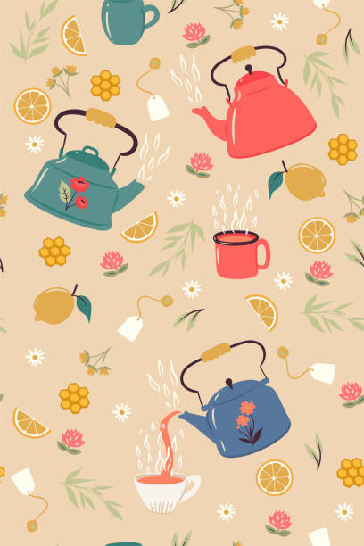 Tea seamless pattern with teapots and mugs. Vector graphics Tea seamless pattern with teapots and mugs. Vector image english teapot stock illustrations
