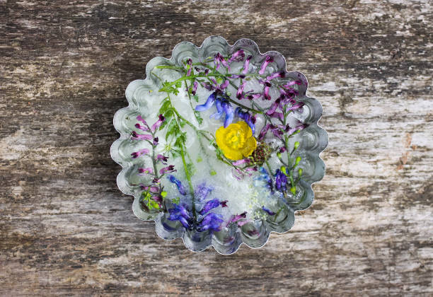 istock Ice cube with flowers on green grass at summer. 1280504425