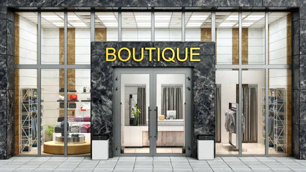 Modern boutique facade with large showcase, 3d illustration