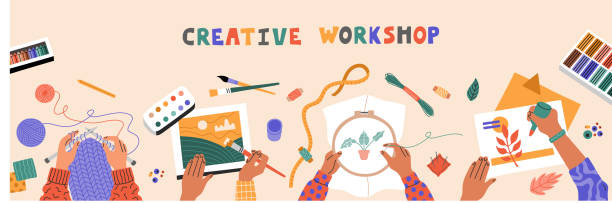 Kids painting, stitching, knitting and cutting colored paper Kids painting, stitching, knitting and cutting colored paper, creative, top view workshop for children and on beige table. Horizontal banner template. Hand drawn illustration in flat cartoon style craft stock illustrations
