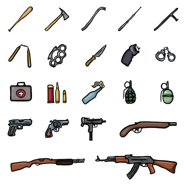 ilustrações de stock, clip art, desenhos animados e ícones de vector set of doodle weapon icons - nunchaku
