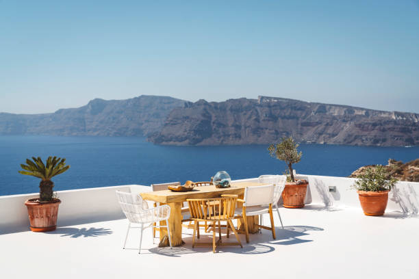 istock Private terrace with dining table overlooking the sea 1280511854