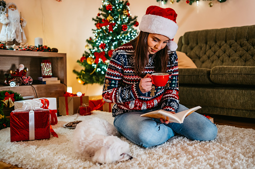 Young beautiful woman reading book and drinking tea at Christmas with her Maltese dog.