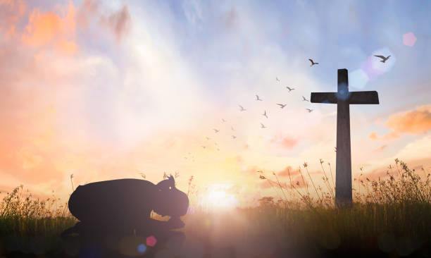 Worship God concept Silhouette woman christian bow down for worship God over cross on meadow sunset background kneeling stock pictures, royalty-free photos & images