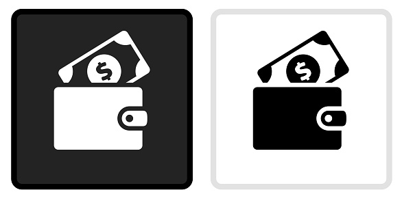 Money Wallet Icon on  Black Button with White Rollover. This vector icon has two  variations. The first one on the left is dark gray with a black border and the second button on the right is white with a light gray border. The buttons are identical in size and will work perfectly as a roll-over combination.