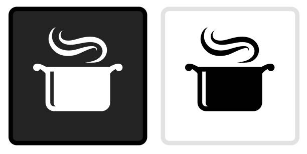 steam pot icon auf schwarzem knopf mit weißem rollover - hot dish stock-grafiken, -clipart, -cartoons und -symbole