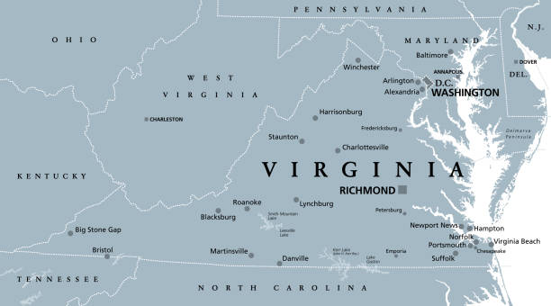 Virginia, VA, gray political map, Old Dominion, Mother of Presidents Virginia, VA, gray political map. Commonwealth of Virginia. State in Southeastern and Mid-Atlantic region of United States. Capital Richmond. Old Dominion. Mother of Presidents. Illustration. Vector. hampton virginia stock illustrations