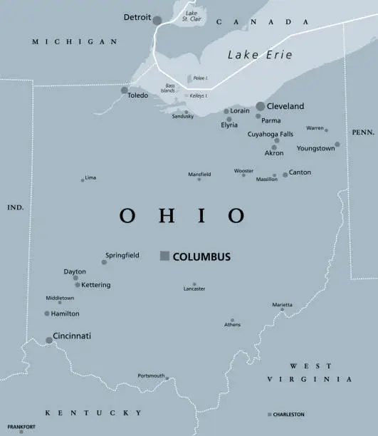 Vector illustration of Ohio, OH, gray political map, The Buckeye State, The Heart of It All