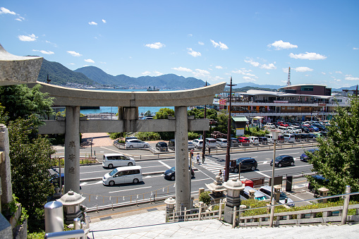 Shimonoseki, Yamaguchi / Japan - Aug 14 2020 : The shoot of Kamon Wharf and street from Kameyama Hachimangu.