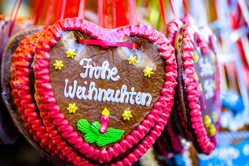 typical ginger bread heart in germany - translation: merry christmas
