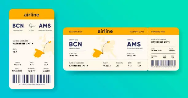 Vector illustration of Paper and mobile boarding pass. Responsive design of airline ticket. Passenger travel data card mockup. Flight check-in document template. Portable e-ticket with journey map. Vector illustration.